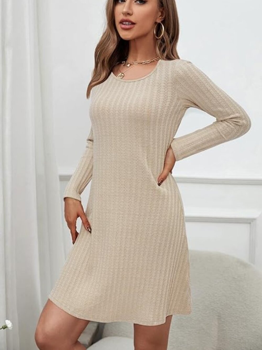 Sweater Dress for Women Crew Neck Long Sleeve Knit Lightweight Casual